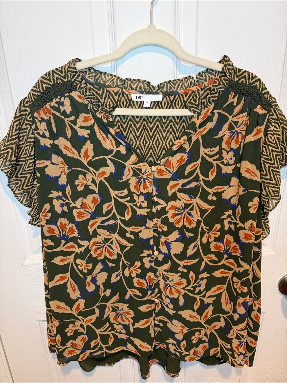 DR2 Olive Green Floral Button-Front Blouse with Blue & Tan Accents